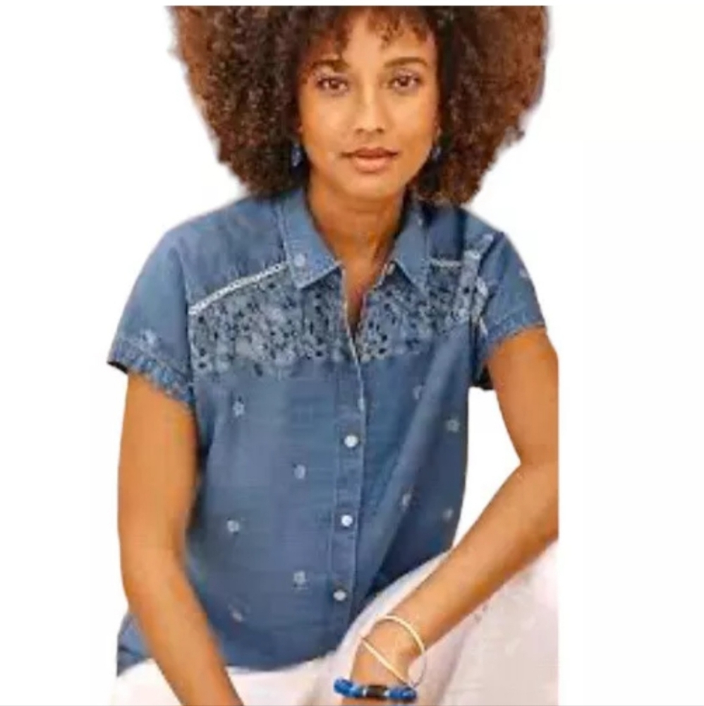 J. Jill Chambray Denim Button Up Blouse Cap Sleeve Soft Floral Size Medium